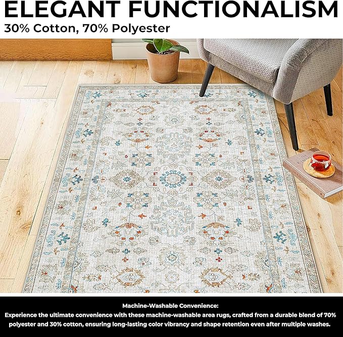 Washable Soft Small Boho Area Rugs, Rags Rug, Printed Carpet Chennile Rugs for Living Room 27x45 inch Cream Rust Multi,Machine Washable Printed Rugs - 30% Cotton, 70% Polyester