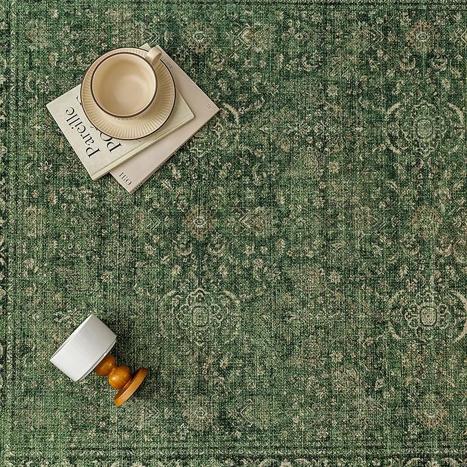 Vintage Runner Rug 2x8 Washable Hallway Carpet Non Slip Long Green Bedroom Low Pile Kitchen Distressed Retro Accent Throw Rug for Bathroom Dining Laundry Living Room