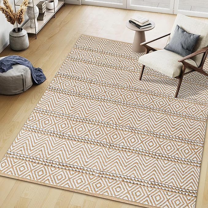 Natural Jute Cotton Area Rug 5x7 FT - Machine Washable, Neutral Ivory, Durable Eco-Friendly Farmhouse Living Room Bedroom Carpet - 70% Jute 30% Cotton Textured Stripe Entryway Rug