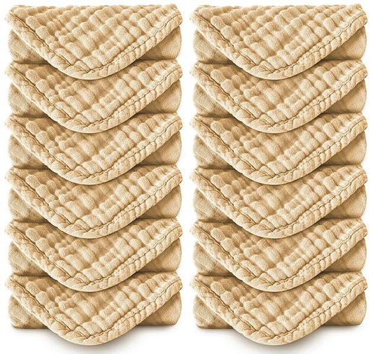 MOON PARK Baby Washcloths, 12 Pack - 12x12 Inches, Small Burp Cloths and Baby Wipes - 100% Cotton Muslin Ultra Soft for Newborn, Infant and Toddlers - Brown