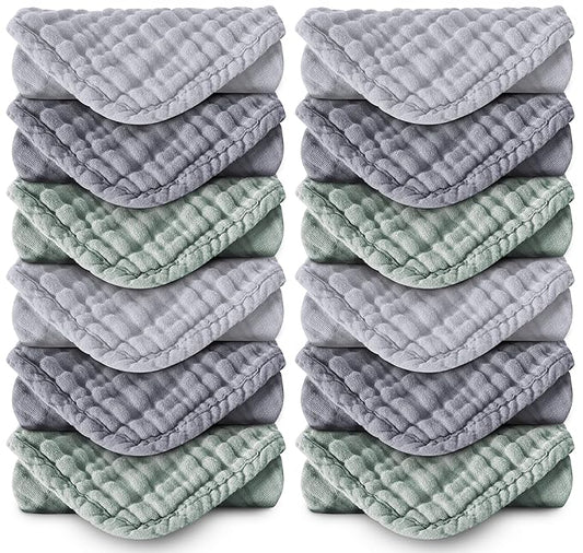 MOON PARK Baby Washcloths, 12 Pack - 12x12 Inches, Small Burp Cloths and Baby Wipes - 100% Cotton Muslin Ultra Soft for Newborn, Infant and Toddlers - Grey, Green and Slate