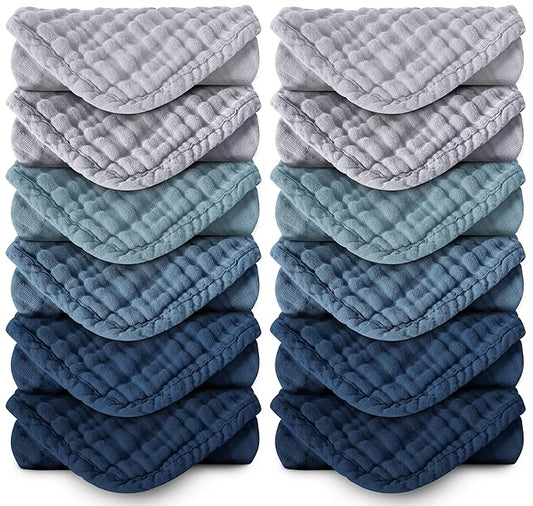 MOON PARK Baby Washcloths, 12 Pack - 12x12 Inches, Small Burp Cloths and Baby Wipes - 100% Cotton Muslin Ultra Soft for Newborn, Infant and Toddlers - Slate, Grey and Navy Series