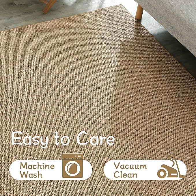 Carvapet 5x7 Rugs for Living Room Bedroom, Washable Jute Low Pile Solid Natural Carpet with Rubber Backing, Foldable, Non Slip Thin Area Rug