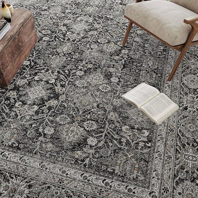 Vintage Area Rug 9x12 Black Washable Living Room Large Carpet Non Slip Bedroom Indoor Office Low Pile Traditional Distressed Retro Accent Rug for Dining Room