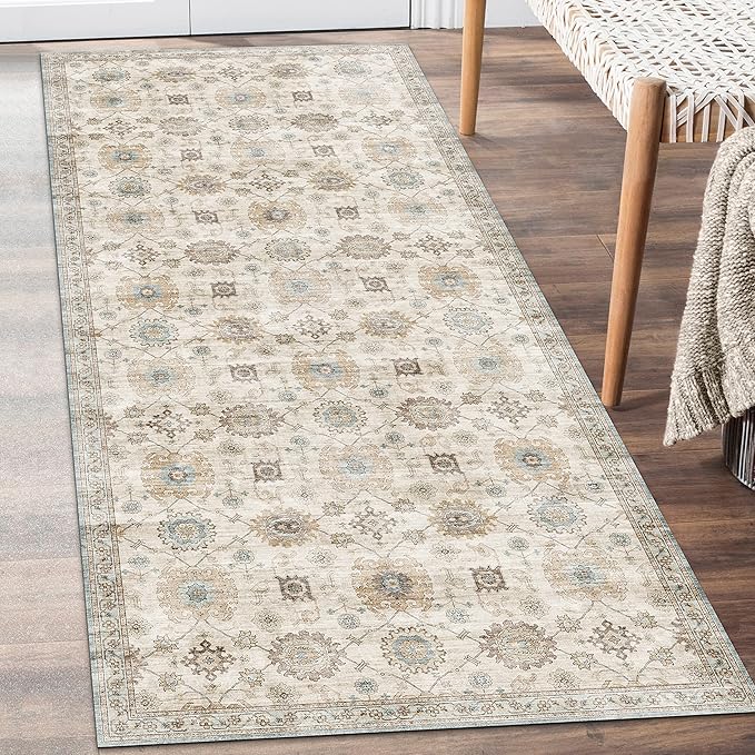 ReaLife Rugs Machine Washable Area Rug Runner - Living Room Bedroom Bathroom Kitchen Entryway Office - Padded Low Pile Stain Resistant Premium - Boho Farmhouse Vintage - Bryn - Beige Seafoam 2'6"x8'