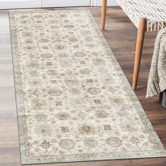 ReaLife Rugs Machine Washable Area Rug Runner - Living Room Bedroom Bathroom Kitchen Entryway Office - Padded Low Pile Stain Resistant Premium - Boho Farmhouse Vintage - Bryn - Beige Seafoam 2'6"x8'