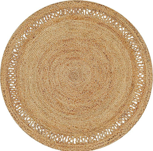 Hand Woven Farmhouse Jute Area Rug 3 Ft Round Natural Yarn, Rustic Vintage Beige Braided Reversible Rug, Eco Friendly Rugs for Bedroom, Kitchen, Living Room, Farmhouse 100% Jute Rug