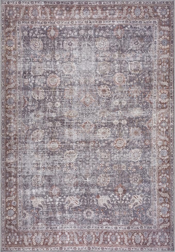 Bloom Rugs Washable 9' x 12' Rug - Brown/Dark Gray Traditional Area Rug for Living Room, Bedroom, Dining Room, and Kitchen - Exact Size: 9' x 12'