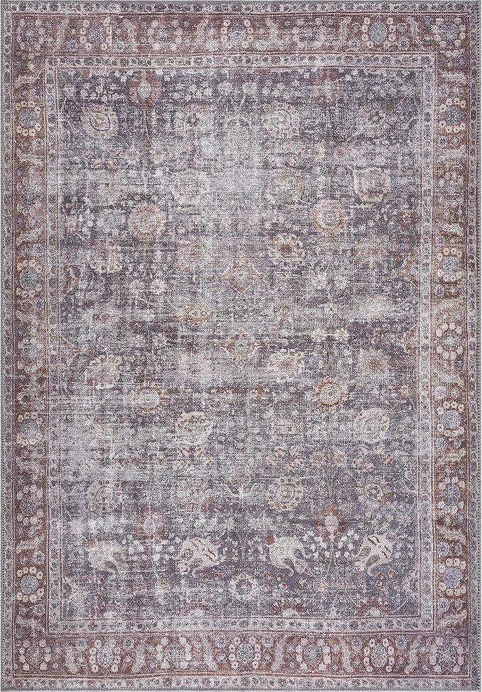 Bloom Rugs Washable 6' x 9' Rug - Brown/Dark Gray Traditional Area Rug for Living Room, Bedroom, Dining Room, and Kitchen - Exact Size: 6' x 9'