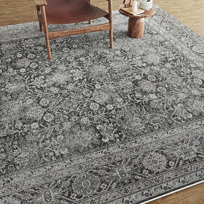 Vintage Area Rug 8x10 Black Washable Living Room Large Carpet Non Slip Bedroom Indoor Office Low Pile Traditional Distressed Retro Accent Rug for Dining Room