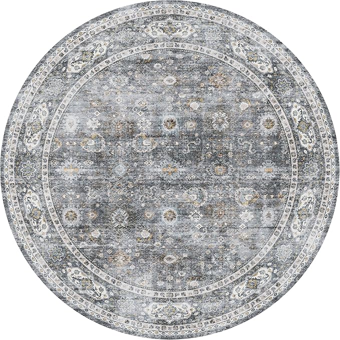 Round Rug 4ft Washable Circle Rug Non Slip Low Pile Boho Small Circular Rug for Bedroom, Bathroom, Entryway, Kids Room, Office, College Dorm(Grey and Brown)