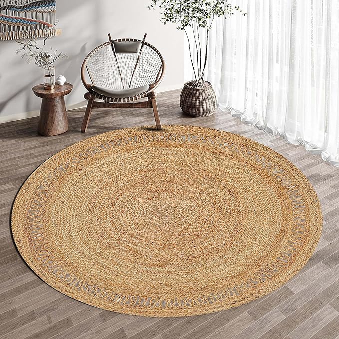 Hand Woven Farmhouse Jute Area Rug 3 Ft Round Natural Yarn, Rustic Vintage Beige Braided Reversible Rug, Eco Friendly Rugs for Bedroom, Kitchen, Living Room, Farmhouse 100% Jute Rug