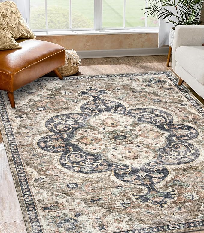 ReaLife Rugs Machine Washable Area Rug Runner - Living Room Bedroom Bathroom Kitchen Entryway Office - Padded Low Pile Stain Resistant Premium - Boho Farmhouse Vintage - Joy - Brown Beige 2'6" x 10'
