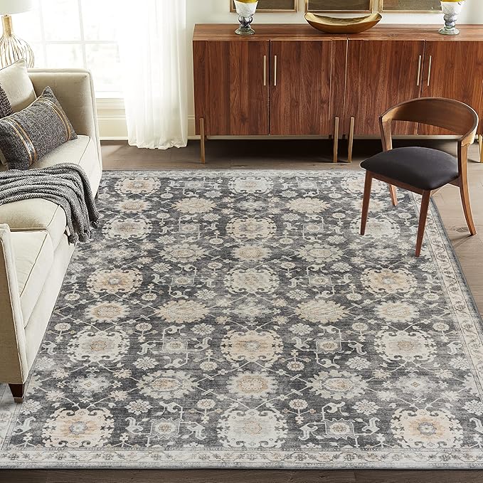 ReaLife Rugs Machine Washable Area Rug Runner - Living Room Bedroom Bathroom Kitchen Entryway - Padded Low Pile Stain Resistant Premium - Boho Farmhouse Vintage - Bryn - Gray Beige Ivory 3' x 5'