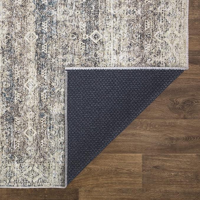 Bloom Rugs Caria Washable Non-Slip 7 ft Runner - Beige Brown/Teal Traditional Runner for Entryway, Hallway, Bathroom, and Kitchen - Exact Size: 2'6" x 7'