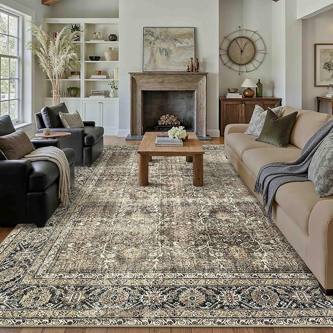 Vintage Area Rug 9x12 Brown Washable Living Room Large Carpet Non Slip Bedroom Indoor Office Low Pile Traditional Distressed Retro Accent Rug for Dining Room