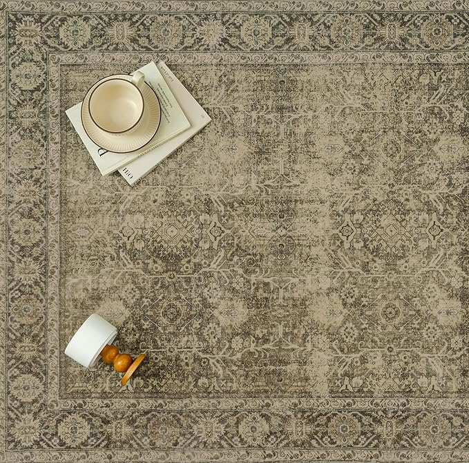 Vintage Area Rug 8x10 Light Brown Washable Living Room Bedroom Indoor Carpet Tribal Distressed Retro Accent Throw Rug for Office Dining Room Bathroom Faux Wool