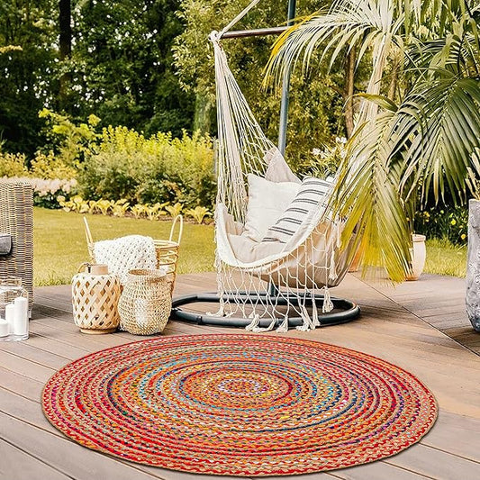 Hausattire Bohemian Braided Rug 4' Round - Multi Color, Circle Farmhouse Jute Cotton Area Rag Rug for Kitchen, Kids Bedroom, Playroom | Colorful Hand Woven Reversible Pet Friendly Carpet