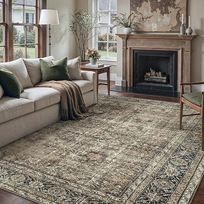 Vintage Area Rug 9x12 Brown Washable Living Room Large Carpet Non Slip Bedroom Indoor Office Low Pile Traditional Distressed Retro Accent Rug for Dining Room