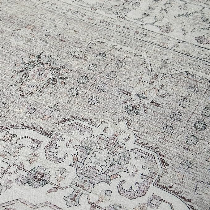 ReaLife Machine Washable Area Rug - Living Room Bedroom Bathroom Kitchen Entryway Office - Padded Low Pile Stain Resistant Premium - Boho Farmhouse Vintage - Ola - Beige 4' x 6'