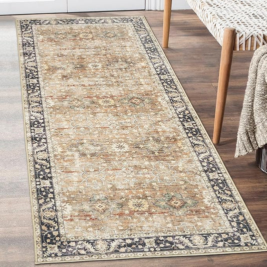 ReaLife Rugs Machine Washable Area Rug Runner - Living Room Bedroom Bathroom Kitchen Entryway - Padded Low Pile Stain Resistant Premium - Boho Farmhouse Vintage - BEV - Beige Tan Brown 2'6" x 6'